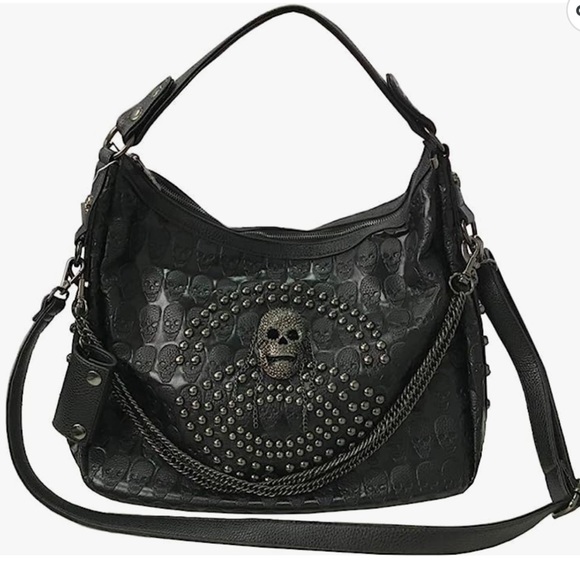 NWT Skull and Punk Rivet Bling Faux Leather Shoulder Style Tote Bag w/ Chains - Picture 2 of 16